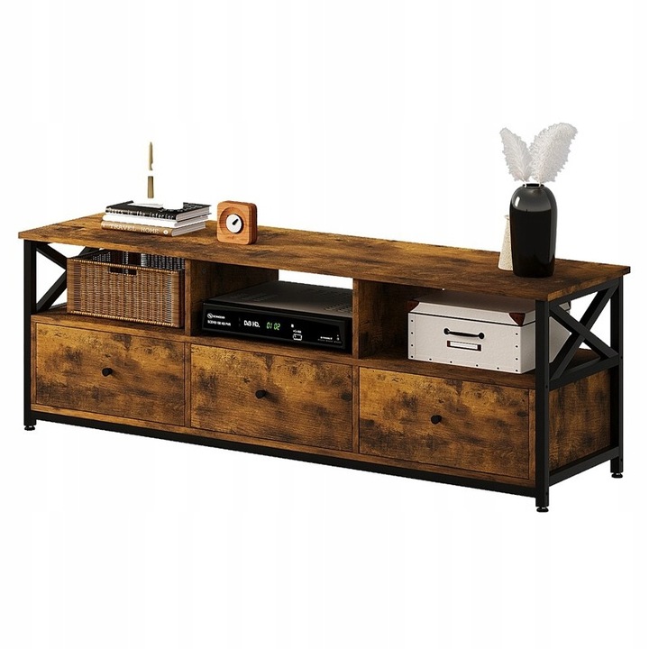 Comoda TV cu 3 sertare, stil vintage loft, maro rustic, 143 cm, Rebiko