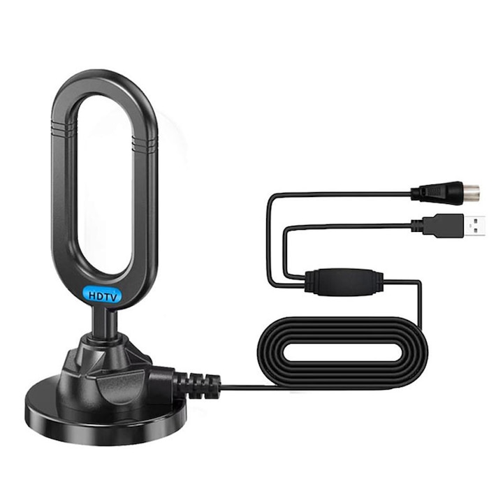 Antenna TV Beltéri és kültéri, Duueyct, DTMB/DVB-T2/ATSC/ISDB, Full HD, mágneses talp, jelerősítő, 5 m kábel, Vízálló, TV adáshoz, Digitális, Erősítővel, Fekete