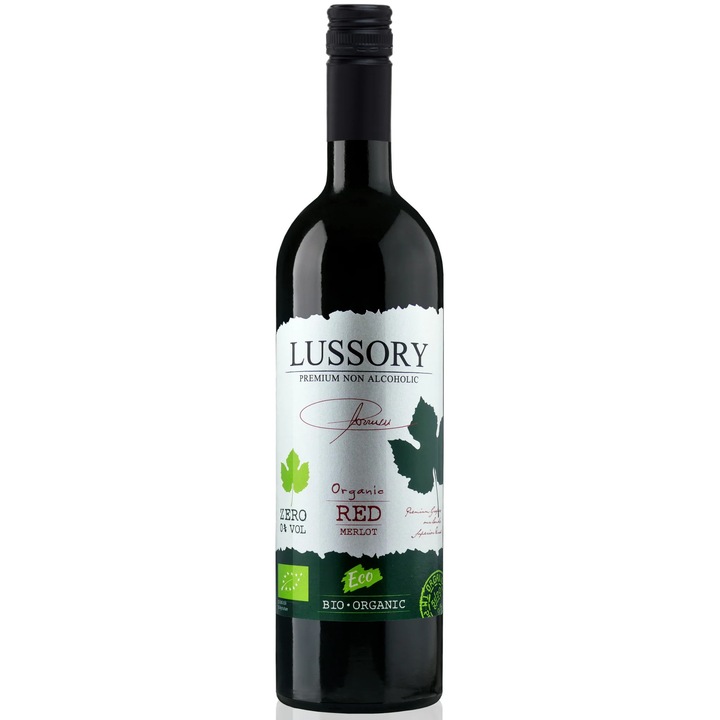 Vin roșu Lussory Organic Merlot fără alcool 0, 74L, vegan, ecologic, roșu