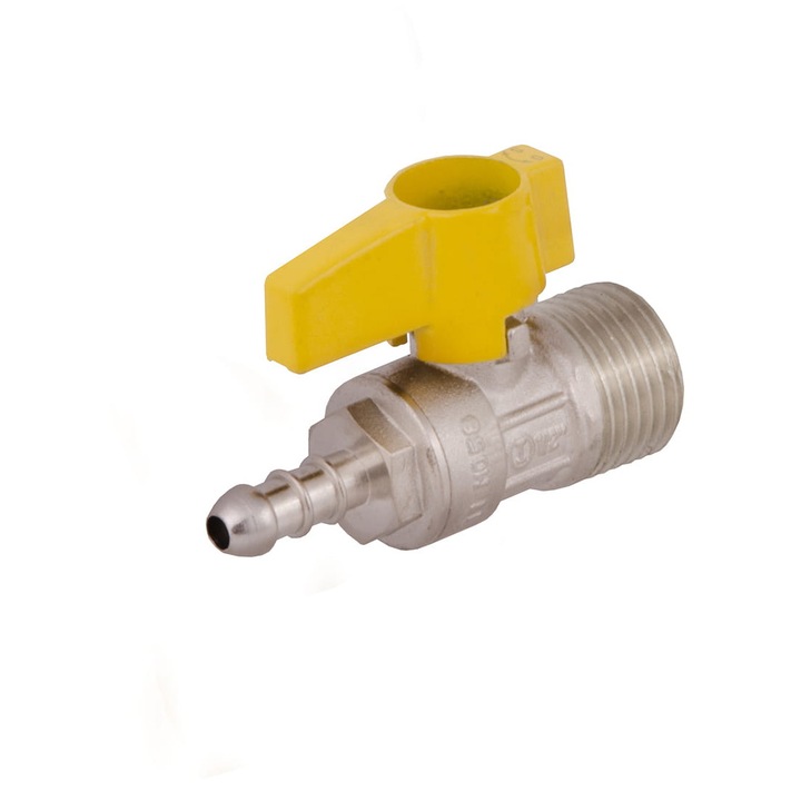 Idmar KG015091.8076 golyóscsap gázhoz, GZ 1/2" (DN15), DN10 tömlőcsatlakozás, sárgaréz, sárga