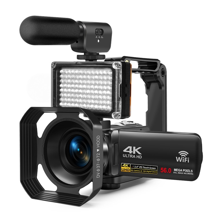 Digitális videokamera, Aiorber, 4K HD, 56 millió pixel, 18x digitális zoom, képstabilizátor, 18x digitális zoom, infravörös megvilágító lámpa, érintőképernyő, 270 fokos elforgatás, tartozékokkal együtt