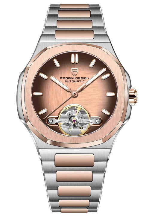 Ceas Automatic Barbati Pagani Design PD-YS025 Argintiu & Rose Gold, 42mm, Open Heart, Sticla Safir, Otel Inoxidabil Elegant
