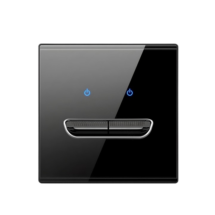 Intrerupator Dublu Mecanic cu revenire, Panou Sticla Securizata, Iluminare LED, 86x86mm, 10A 250V, Design Ultra-Subtire, Negru