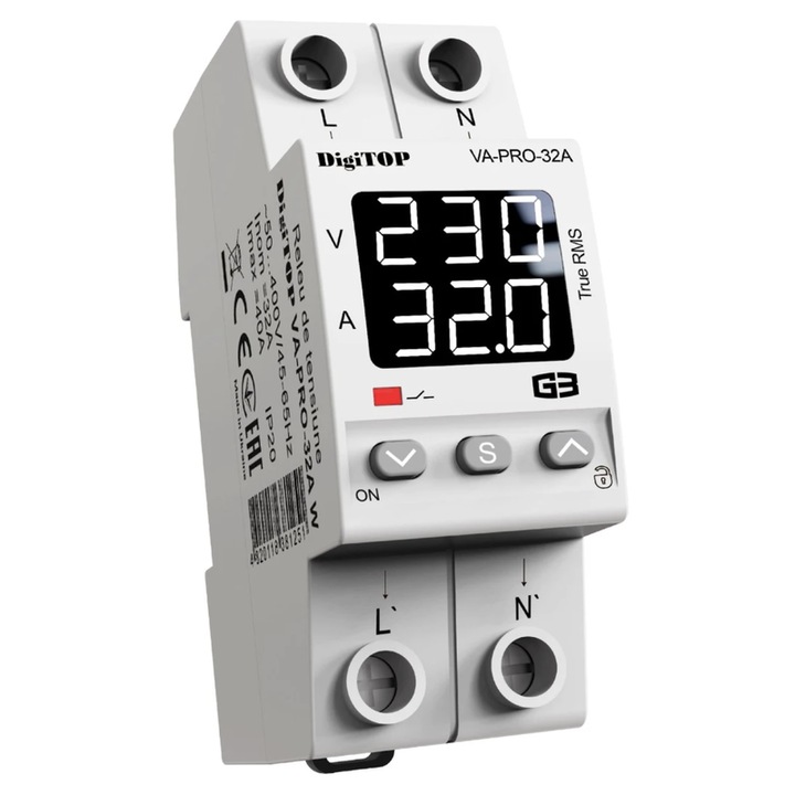 Releu protectie tensiune, DigiTop, monofazat, 230 V, 32A, 2 poli, contacte NC: 2, NO: 0, Montaj pe sina DIN, 2 module, 90 x 35 x 67 cm, temperatura functionare -25 +50, 40 A maxim