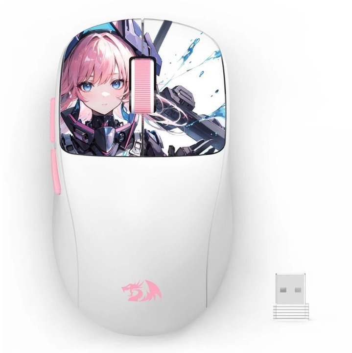 Mouse gaming Bluetooth cu si fara fir Redragon Klyamoor Pro Standard Anime, M817AK-PRO-STD, 24000 DPI, 6 butoane, ambidextru, ergonomic, alb cu roz
