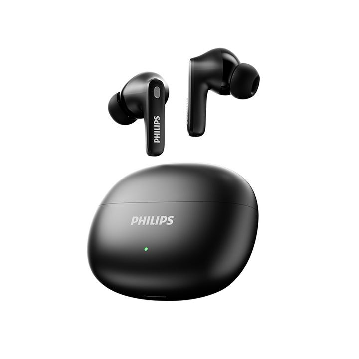 Philips TAT1620, Casti, Casti intraauriculare True Wireless, Protectie IP54 la apa si praf cu ANC, Reducere zgomot apeluri prin inteligenta artificiala, Durata de redare ultra-lunga, Sunet imersiv 3D, Latenta redusa pentru sport, munca, calatorii, Negru