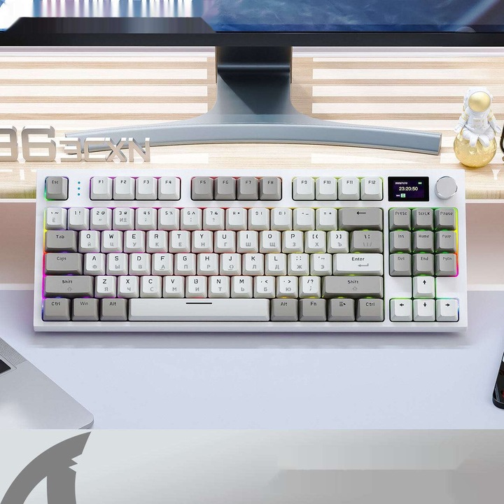75%-os mechanikus billentyűzet, Aiorber, Bluetooth 2.4G, vezetékes világítás, dinamikus RGB, három csatlakozási mód, PBT billentyűsapkák kontrasztos színekben, hangelnyelő töltet, fém forgatógomb, Üzleti szürke
