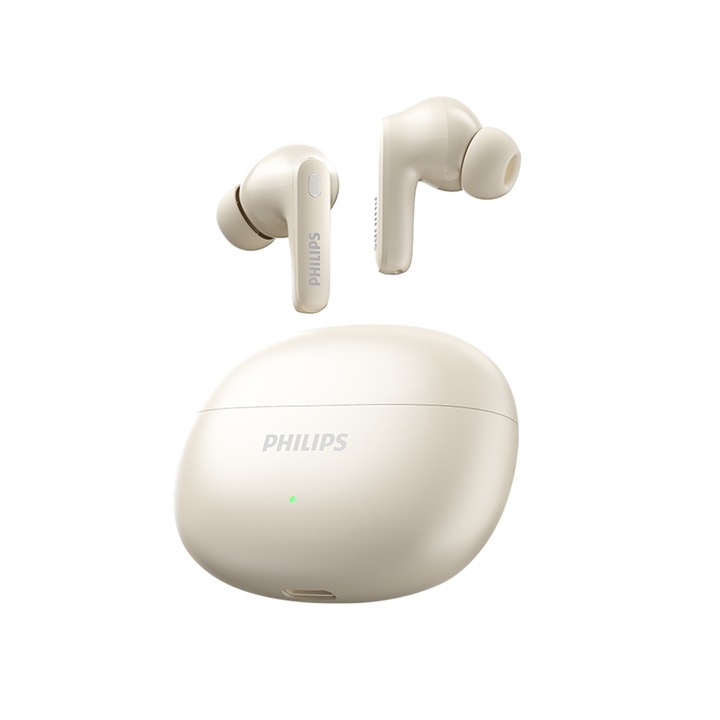 Philips TAT1620, Casti, True Wireless, Casti In-Ear, Rezistente la apa si praf IP54 cu ANC, Reducerea zgomotului prin apeluri prin inteligenta artificiala, Durata de redare ultra-lunga, Sunet imersiv 3D, Latenta redusa pentru sport, munca, calatorii, Alb