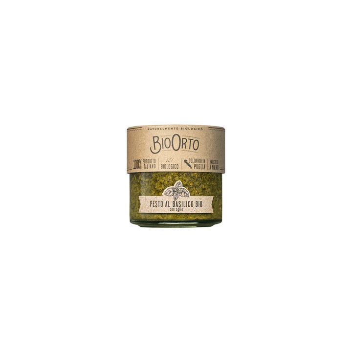 BioOrto Pesto Basilico cu usturoi ECO 212 ml (180 g), cu Parmigiano Reggiano DOP si usturoi, pentru paste, gnocchi si bruschete, Puglia Italia