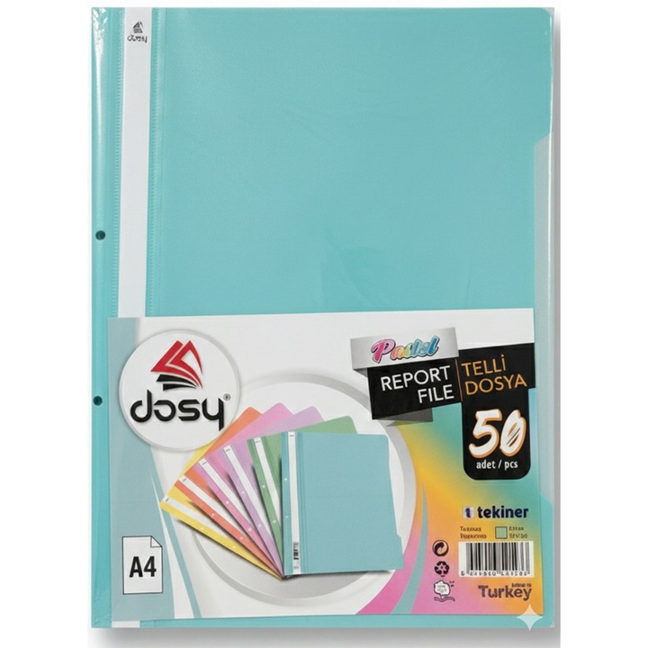 Папка с шина и перфорация DOSY Pastel A4, PP, 180 mic, тюркоаз