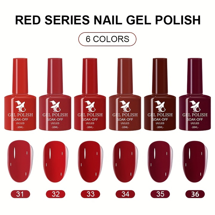 Set 6 oja gel UV/LED pentru manichiura, culori populare rosu, visiniu, rosu inchis si roz, oja semipermanenta, kit pentru salon si DIY acasa, uscare cu lampa UV/LED