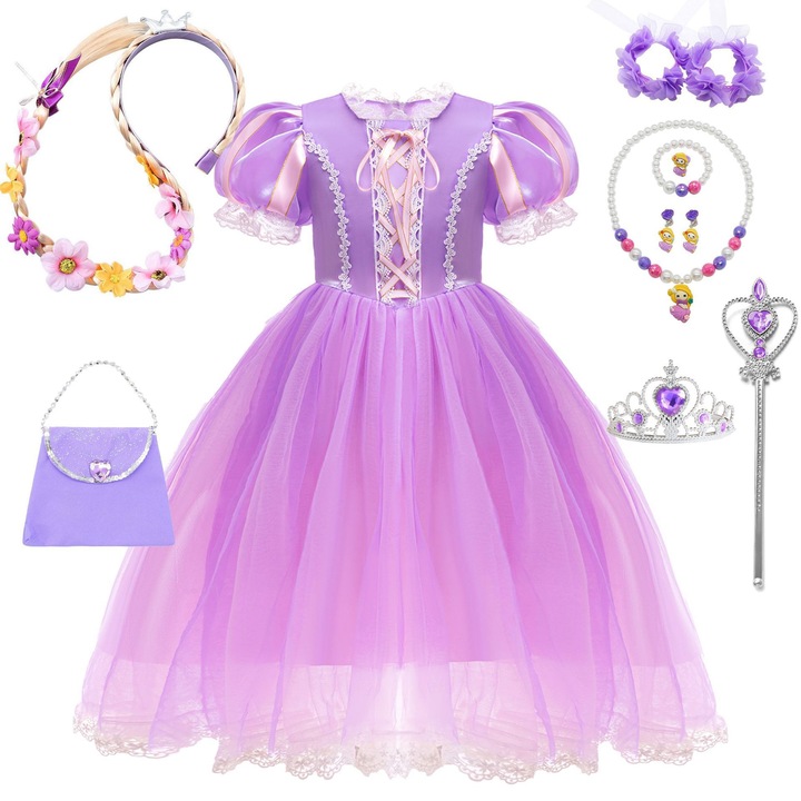 Rochie lunga Rapunzel, costum printesa, mov, 140cm