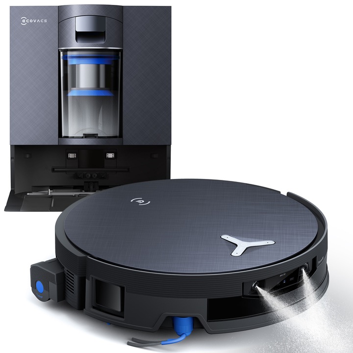 Робот прахосмукачка Ecovacs DEEBOT X12 OMNICYCLONE, 22000 Pa, 497мин, 120W, FocusJet ролков моп, OMNICYCLONE станция без торбичка, ZeroTangle, AIVI 3D AI навигация, YIKO 2.0, Мокро почистване с гореща вода 75°C, Автоматично сушене при 63°C, Черен