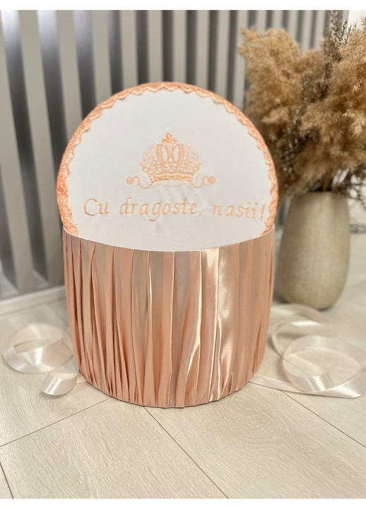 Cufar botez coroana, cu imprimeu, Cu dragoste, Nasii, Piersica
