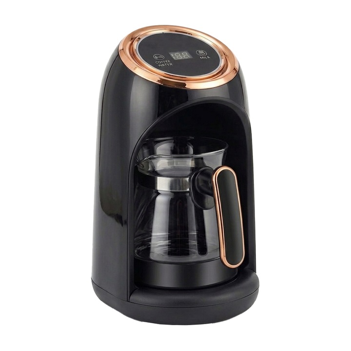 Espressor turcesc 3 in 1 NEXTLY, functii de fierbere apa si incalzire lapte, capacitate 1-4 cesti, 300ml, 600W, 26x17cm, negru-rose gold