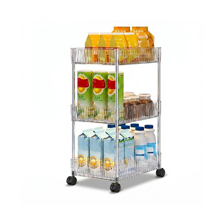 NEXTLY mobil polcos kocsi, 3 polc, tárolás és helytakarékosság, 360°-os forgatás, ellenálló acélszerkezet, 41x16x65cm, átlátszó