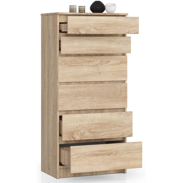 Komód Akord K60, 6 fiókos, 16 mm-es laminált forgácslapból, fém görgős síneken, Sonoma Tölgy