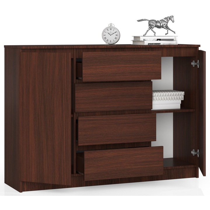 Comoda AKORD Furniture Factory K140, din placa laminata Kronospan 16mm, 2 usi si 4 sertare pe sine metalice cu role, margini ABS, Wenge