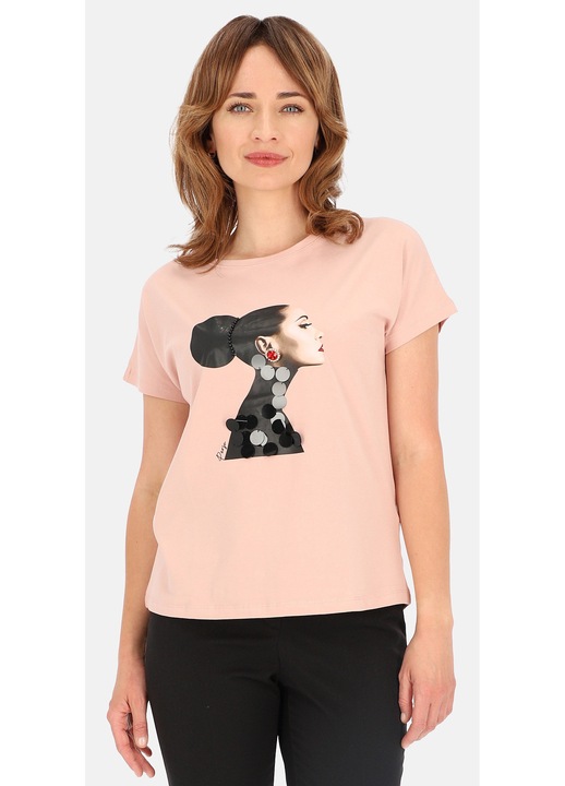 Tricou dama, Perso, bumbac roz pudrat, imprimeu femeie, paiete negre, margele