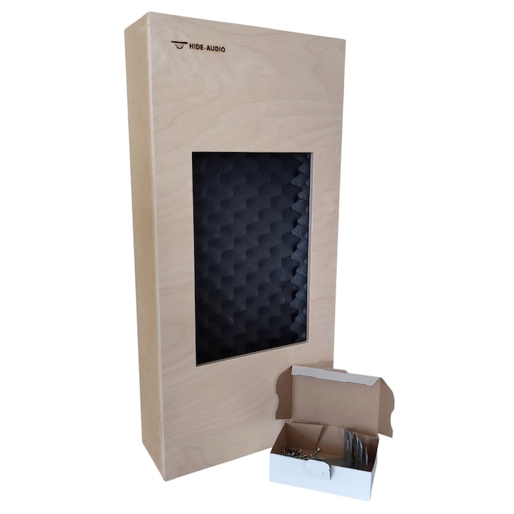 Cutie acustica pentru difuzor HIDE-AUDIO M1015L, compatibila cu Dali Phantom H-60R, montaj in pereti gips-carton si pereti solizi, orificiu central, izolatie interna 40 mm, natural, 700x330x127 mm