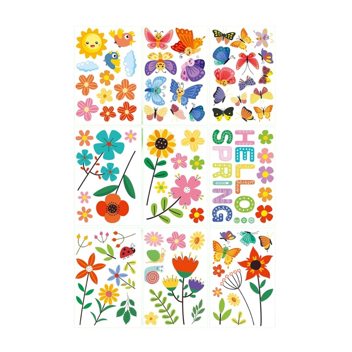 Set 9 file cu Abtibilduri forme Primavara pentru Geam de mari dimensiuni, Mobila, Stickere pentru copii, proiecte DIY, Statice, aplicare cu apa, fara adezi, PVC, 30 x 20 cm, Multicolore