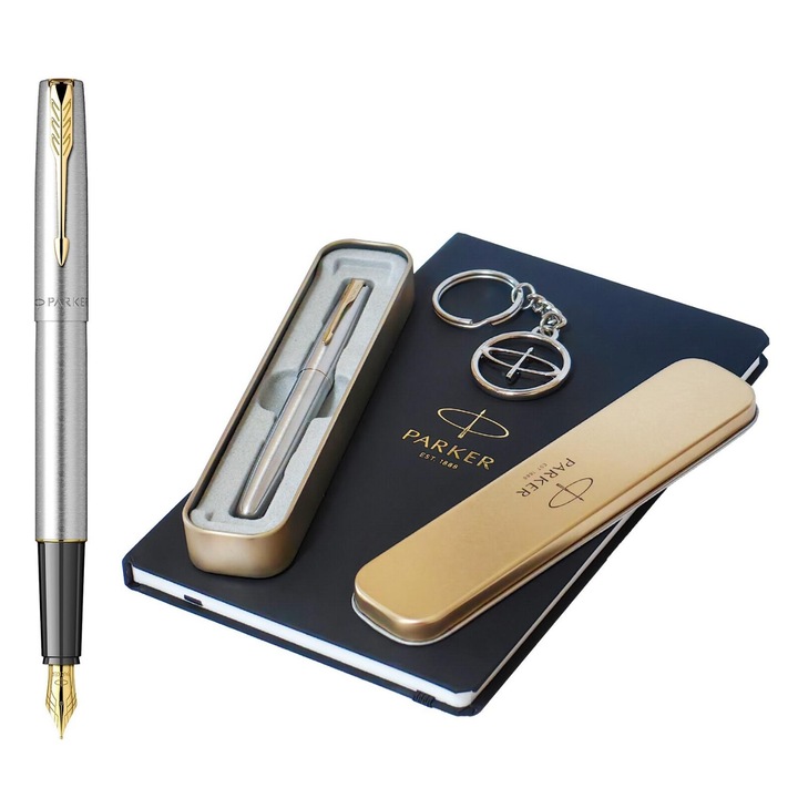 Set cadou Parker stilou Frontier, agenda A5 si breloc - Argintiu cu accesorii aurii