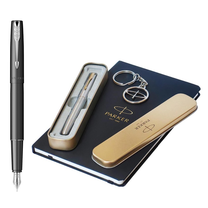 Set cadou Parker stilou Frontier, agenda A5 si breloc - Negru mat cu accesorii argintii