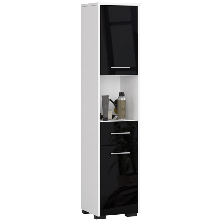 Колона за баня AKORD Furniture Factory FIN 2D 1SZ 1W, от ламинирано ПДЧ 16 мм, с 2 врати, 1 чекмедже и рафт, бял/черен гланц, 140 x 30 см