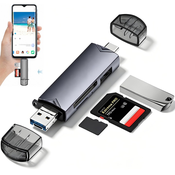 YOUKUKE® 6 az 1-ben kártyaolvasó, kártyaolvasó, univerzális kompatibilitás, nagy sebességű adatátvitel, USB-C / USB 3.0, SD/MicroSD/TF memóriakártyákhoz, alumínium, szürke