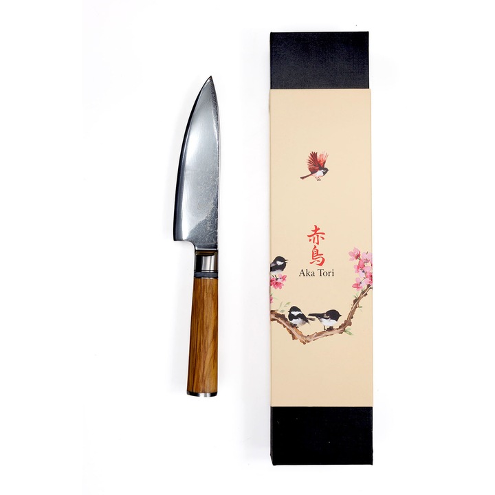 Шефски нож Aka Tori Kyoto Olive 6″ (15 см) – дамаска стомана с ядро 10Cr15Mov, дръжка от маслиново дърво, доживотна гаранция