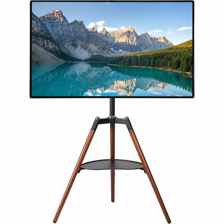 Stand / Suport TV podea, profesional ELTEK®, trepied, rotatie +/- 70°, diagonala 32”–65” (81cm–165cm), raft echipamente integrat, greutate maxima sustinuta 32 kg, VESA maxim 600 × 400, cadru lemn, negru / maro