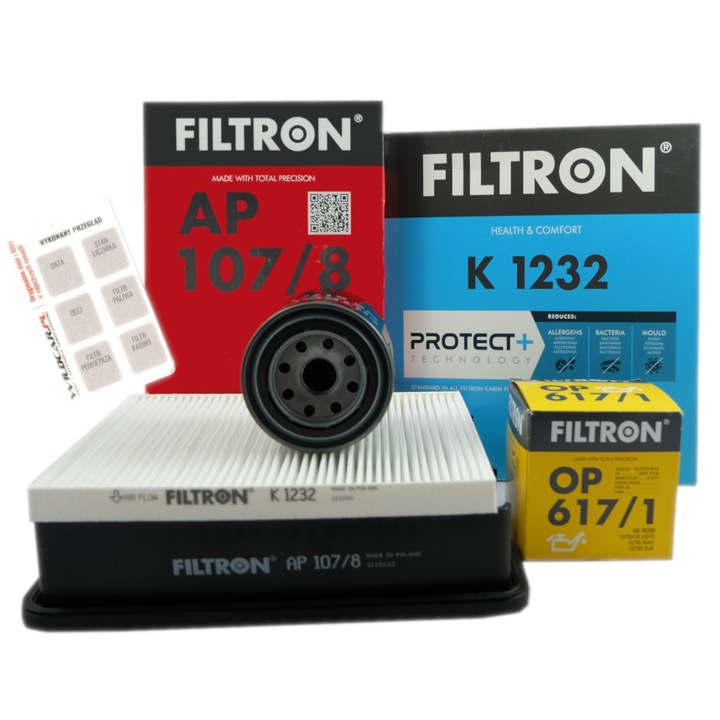 3 darabos FILTRON szűrőkészlet Hyundai i40 / Kia Carens IV / Kia Sportage III modellekhez, olajszűrő OP 617/1, légszűrő AP 107/8, utastérszűrő K 1232, Többszínű
