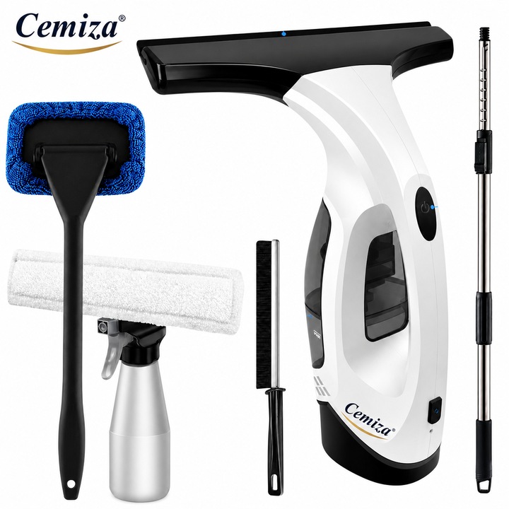Cemiza™ Ablaktisztító, Csíkmentes Tisztítás 3 az 1-ben, Gyors, Erőfeszítés Nélküli Szívás, Újratölthető Akkumulátor, Ideális Tükrökhöz és Fürdőszobához, Permetező, Törlőkendő, Hosszabbító és Lehúzó Mellékelve