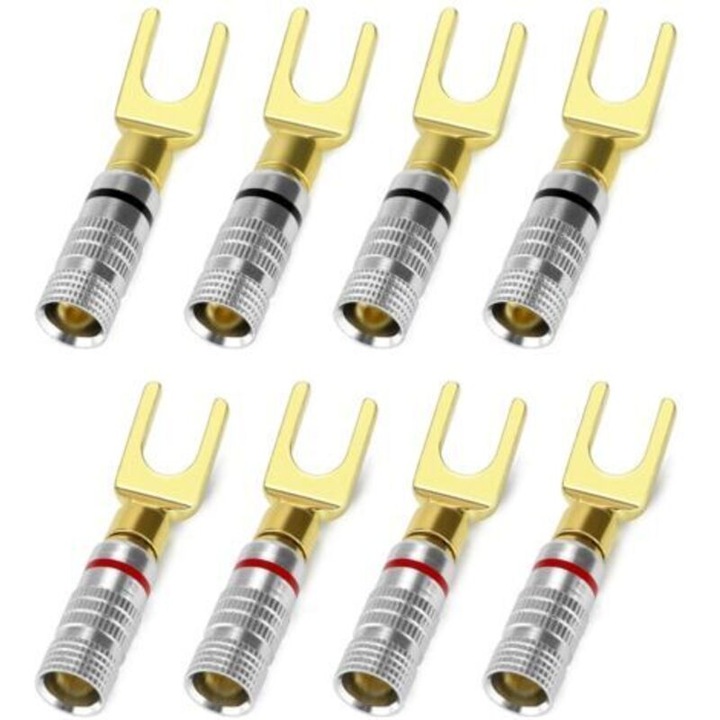 Set 8 conectori spade si banana pentru boxe, carcasa din aluminiu, contact din cupru aurit, montaj rapid fara lipire, negru/rosu, 54.5x11 mm