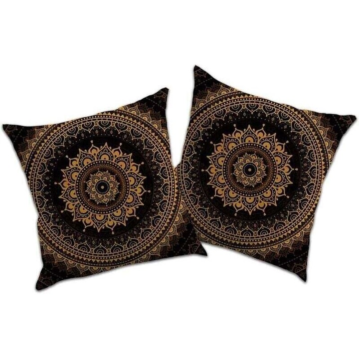 Set 4 fete de perna decorative 45x45 cm, linen-look (100% poliester), cu fermoar ascuns, imprimeu mandala, negru/auriu