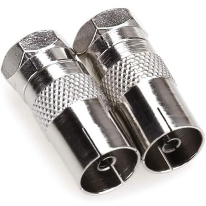 Adaptor/conector F la mufa TV 9,5 mm pentru antena coaxiala, filetat, placat cu aur anti-oxidare, pierdere semnal redusa, argintiu, 2 buc
