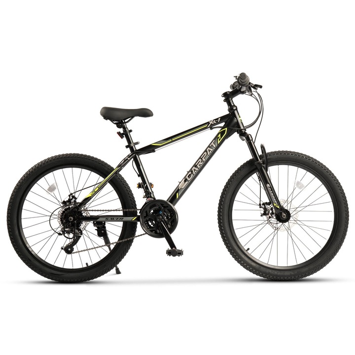 Bicicleta MTB Copii Saver XR1 JSXS2610294 26", Suspensie fata, Manete Rotative Shimano, Frane pe Disc, 21 Viteze, Negru/Verde