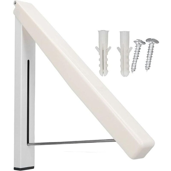 Uscator de rufe de perete telescopic pliabil, aluminiu, montaj fara gauri cu banda adeziva optionala, capacitate mare de incarcare peste 60 lb (≈27 kg), Alb, 1 buc.