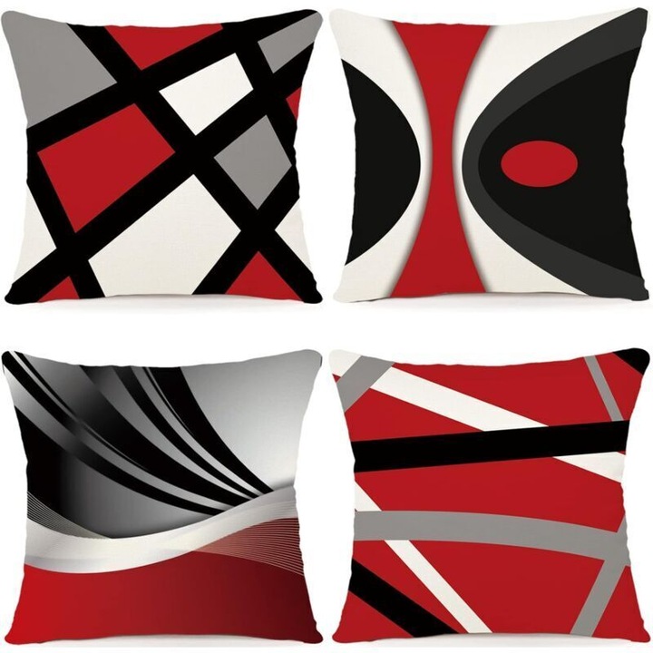 Fata de perna decorativa, model geometric, din bumbac si in, cu fermoar invizibil si respirabil, Multicolor, Set 4, 40 x 40 cm