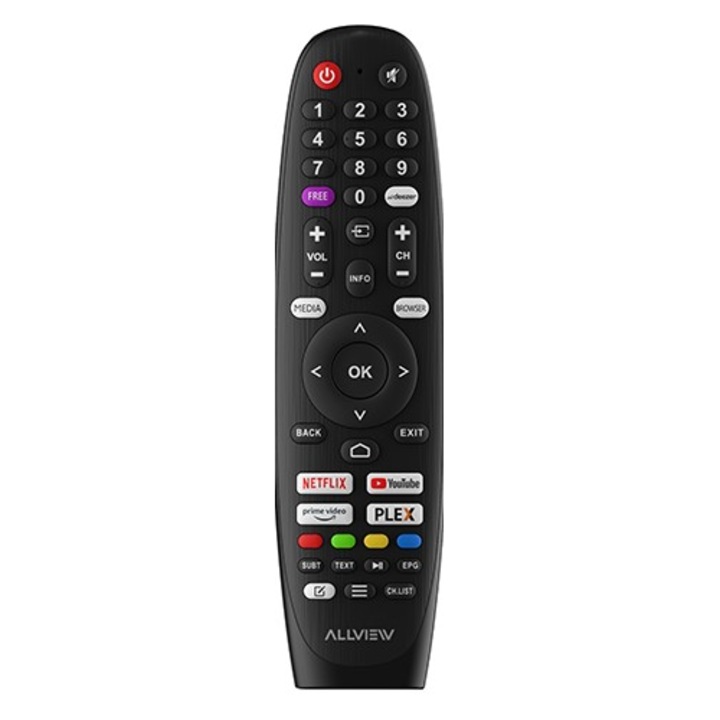 Telecomanda televizor originala ALLVIEW, butoane dedicate NETFLIX, YouTube, Prime Video, Neagra, cod SRC4542
