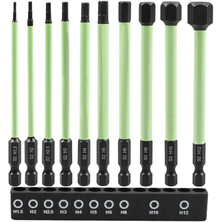 Set 10 biti hexagonali lungi 100mm S2 magnetici, negru, 1.5-12mm