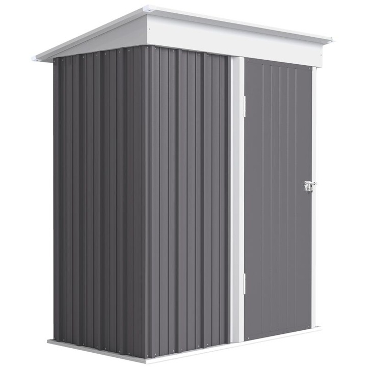 Sopron/debara de gradina montat pe perete, panouri din otel galvanizat ondulat, 2 rafturi reglabile, usa incuiabila, acoperis in panta etans, gri, 155 x 87 cm