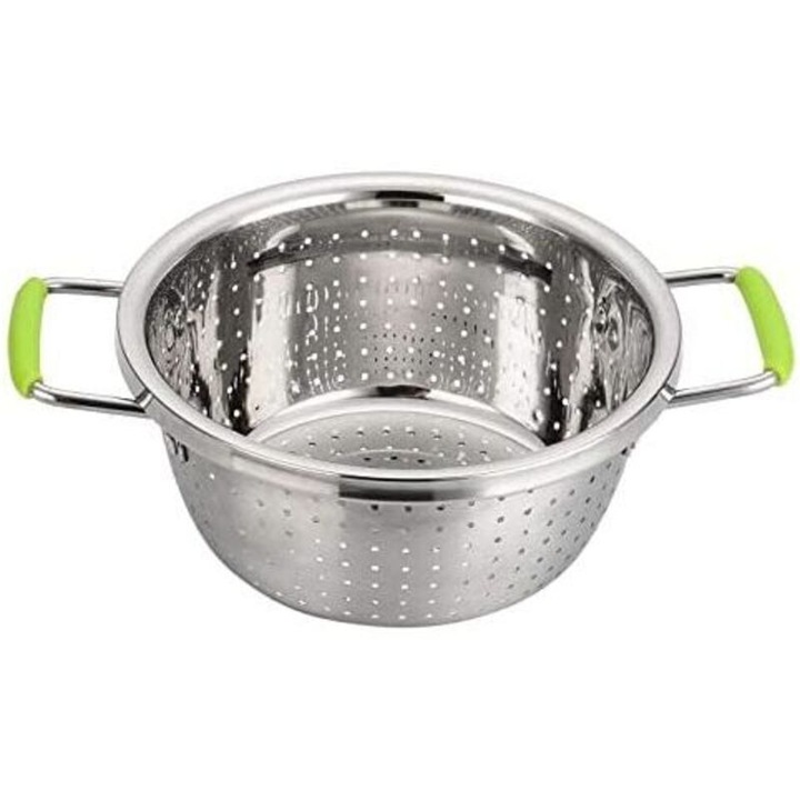 Strecuratoare adanca din otel inoxidabil 22x19.5x10cm, maner verde siliconic, microperforata