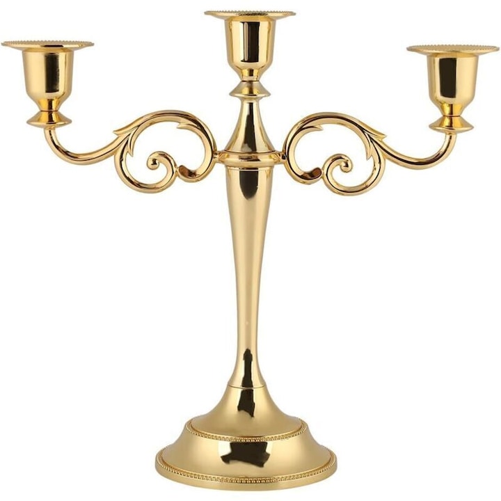 Sfesnic, candelabru 3 brate metalic, retro-vintage, auriu, 1 buc.