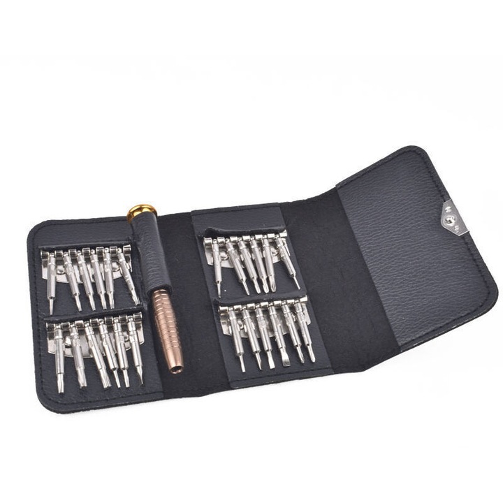 Set surubelnite de precizie, 25 piese, biti din crom-vanadiu, maner metalic nemagnetic, husa din piele, pentru telefoane, laptopuri si ceasuri, negru