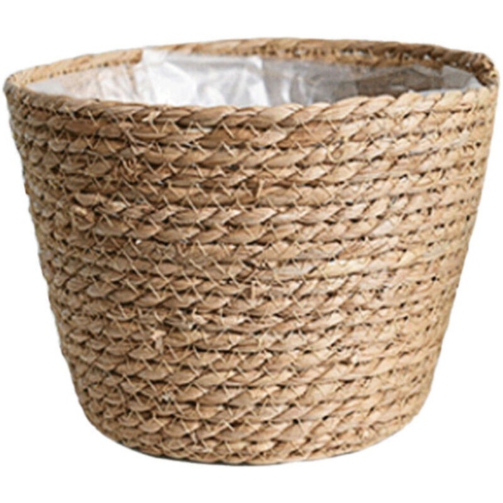 Ghiveci/cos pentru flori impletit din iarba de mare, cu captuseala din plastic, impletit manual, natural, 26x19x18 cm