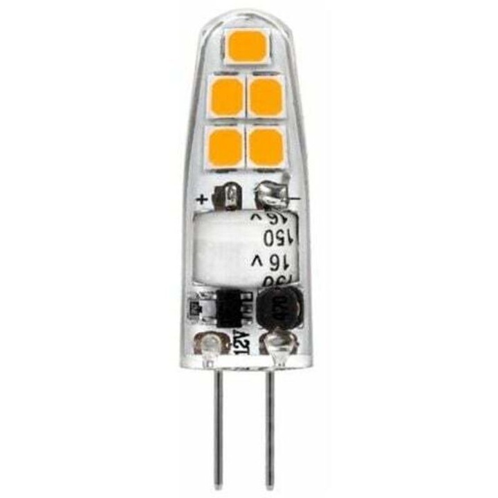 G4 LED izzó, 2835 SMD, 2W (20W halogénnel egyenértékű), 180-210 lm, meleg fehér 3000K, AC/DC 12V, dimmelhető, 30.000 óra, 360° sugárzási szög, CRI 80, 10 db