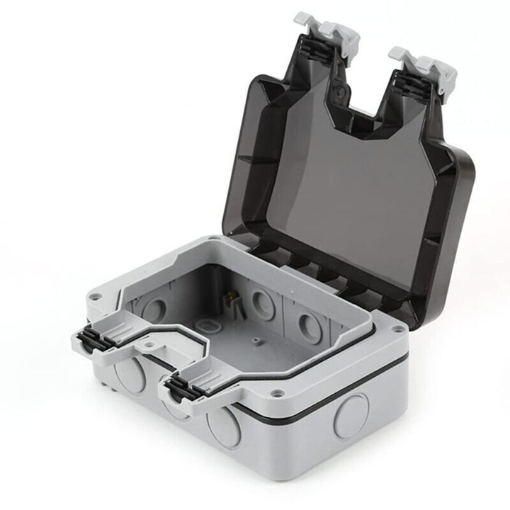 Cutie etansa pentru priza dubla, carcasa rezistenta la apa, IP66, blocabila cu garnitura din cauciuc, pentru exterior si baie, Gri, 17.5 x 12 x 8.5 cm