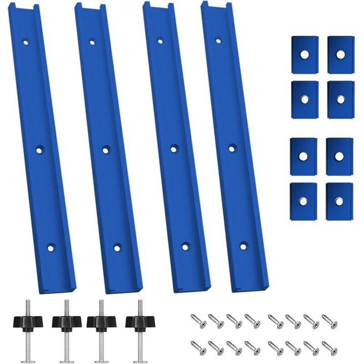Set 4 sine de ghidaj T (T-track) pentru fierastrau de masa, aluminiu, 400mm, durabile si rezistente la zgarieturi, usor de montat, cu accesorii complete M8/M6 (16 suruburi, 4 maner M8, 4 blocuri M6), Albastru