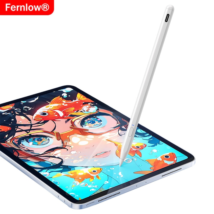 Fernlow® Stilou tactil activ tip Apple Pencil, stilou capacitiv de scriere compatibil cu tableta Apple iPad, functie de respingere a palmei, sensibilitate la inclinare, scriere fara intarziere, autonomie mare si incarcare rapida, port Type-C, culoare alba